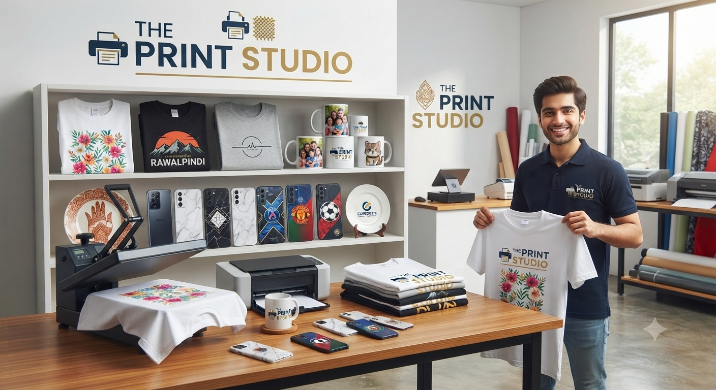 Inside the Thezami Print Studio — heat press, printers, mugs, phone cases and freshly printed shirts
